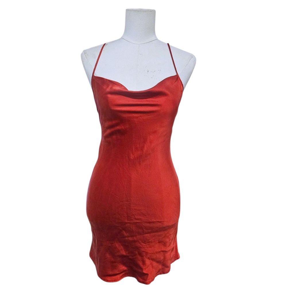 Nap Loungewear Red Silk Cowl Neck Open Back Mini Slip Dress Size S